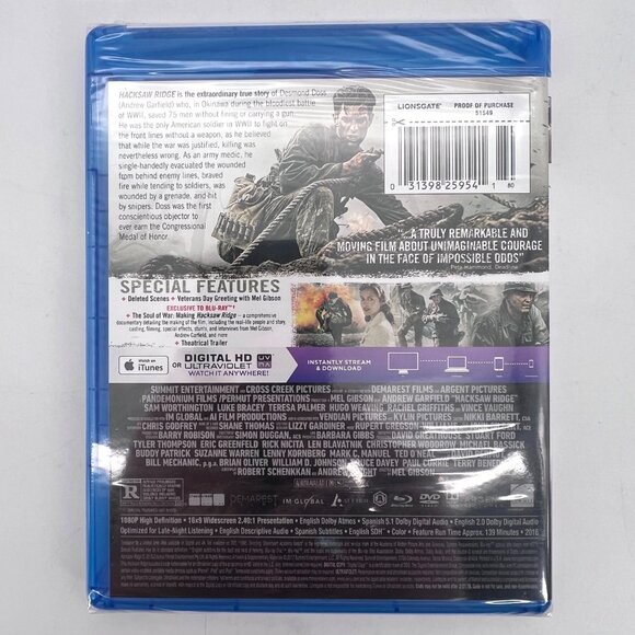 Hacksaw Ridge Blu-Ray DVD Digital HD Combo Pack WWII History Andrew Garfield NEW - Picture 4 of 9